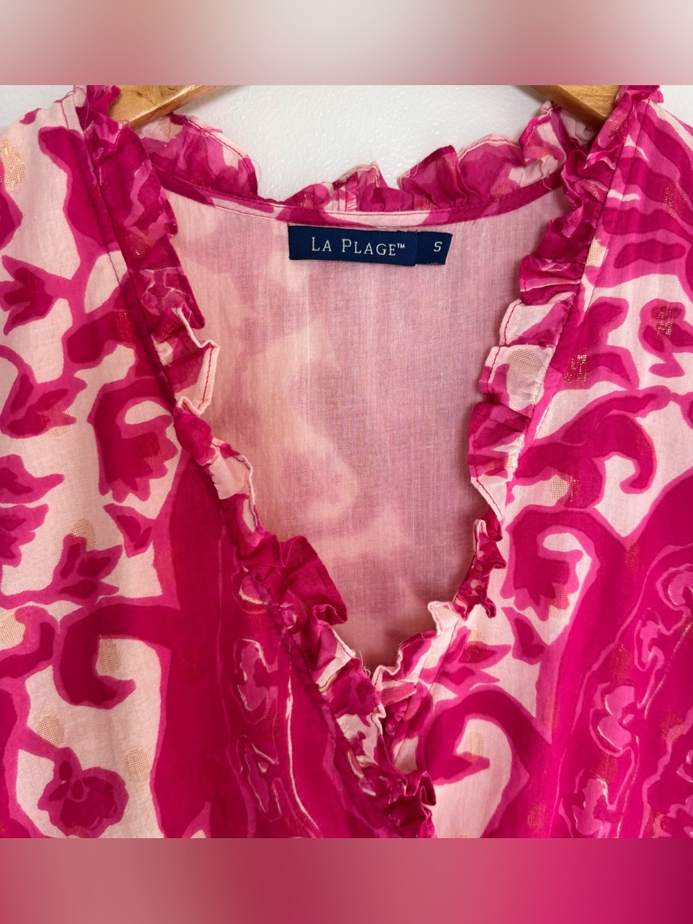 La Plage Magenta Pink‎ Tiered Ruffled Lined Cotton Mini Dress Size Small Resort - Picture 3 of 9